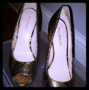 Metallic gold and black snake print heel